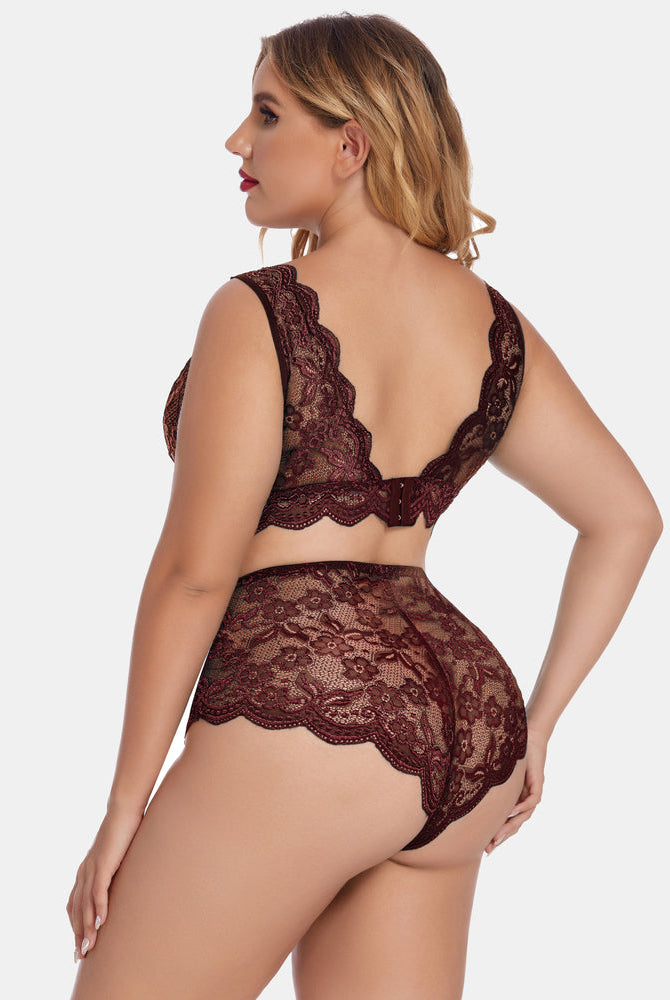 Plus Size Burgundy Lace Lingerie Set. Halter bralette and high waist panty with floral lace details.