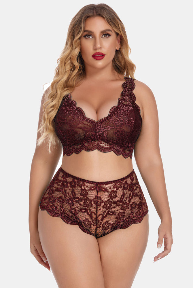 Plus Size Maroon Lace Lingerie Set with Halter Bralette and High Waist Panty