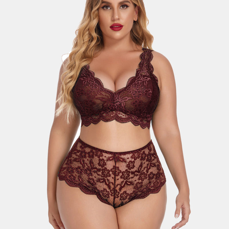 Plus Size Maroon Lace Lingerie Set with Halter Bralette and High Waist Panty