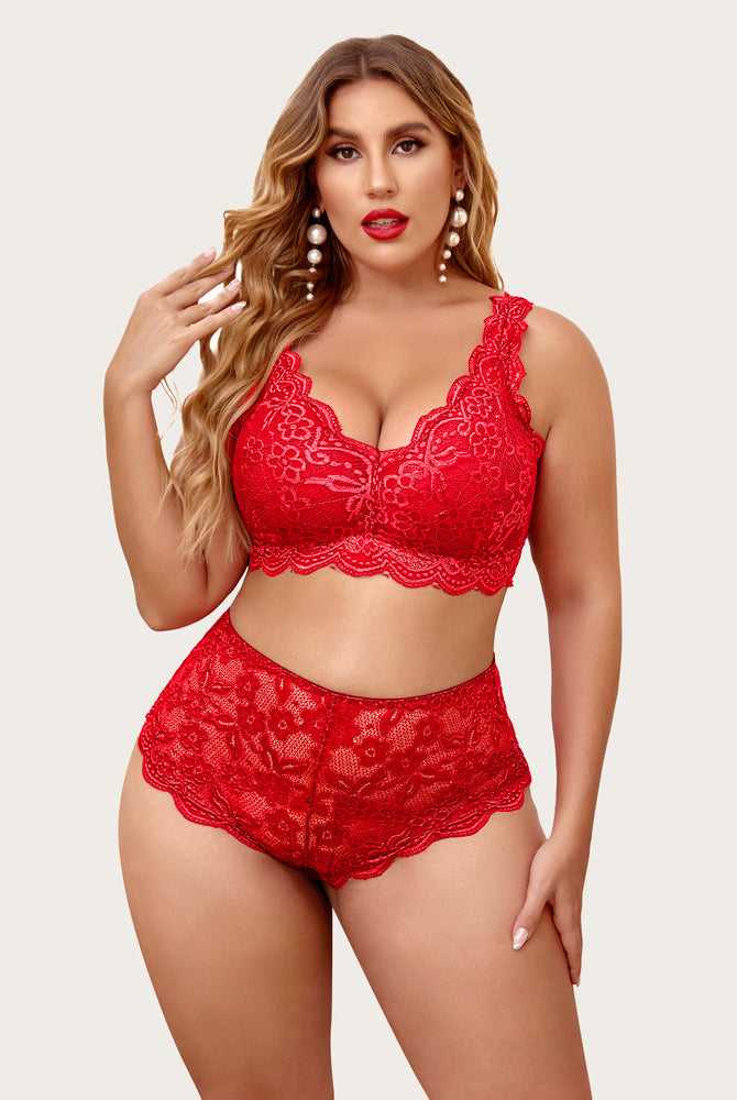 Plus Size Red Lace Halter Bralette and Panty Set. Floral lace, scalloped trim. Comfortable and sexy.