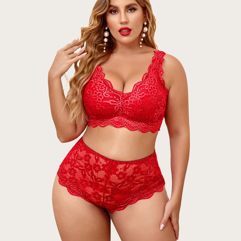 Plus Size Red Lace Halter Bralette and Panty Set. Floral lace, scalloped trim. Comfortable and sexy.