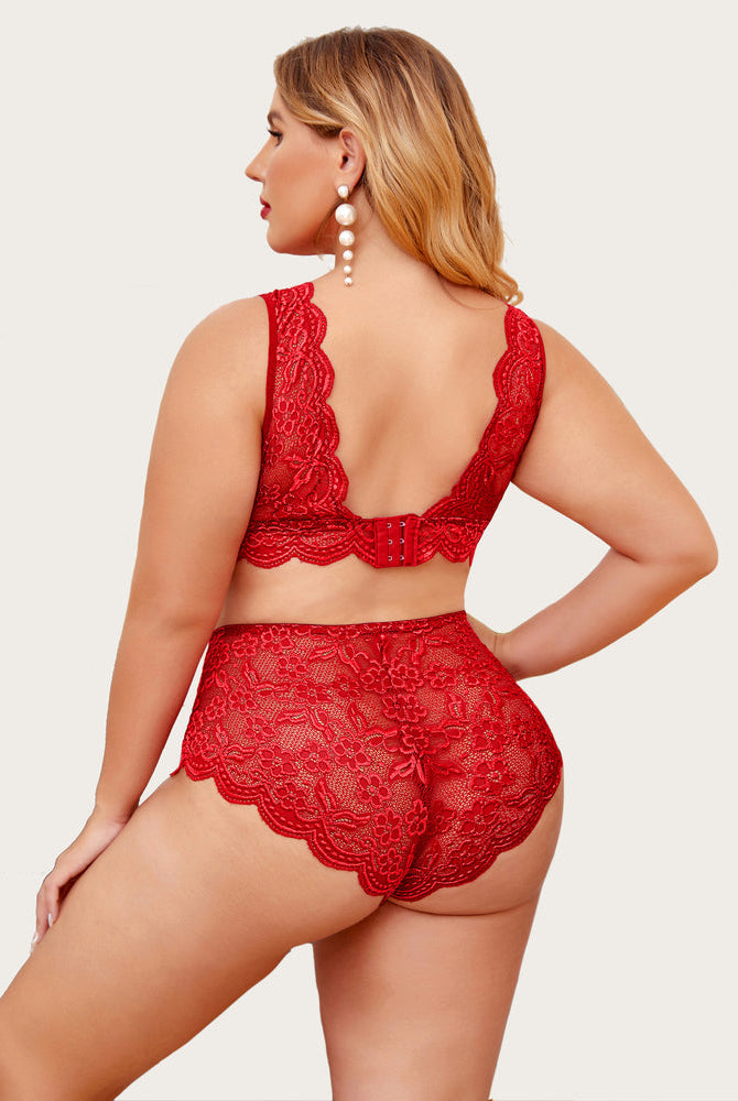 Plus size red lace lingerie set: halter bralette with scalloped trim, and high-waisted panty.