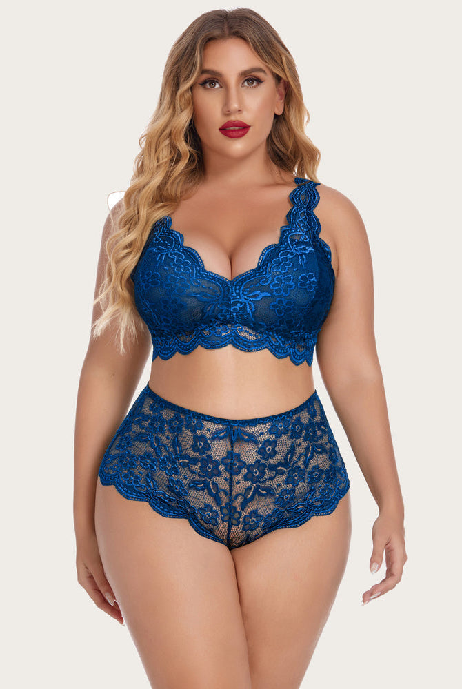 Plus Size Cobalt Blue Lace Halter Bralette and High Waist Panty Set