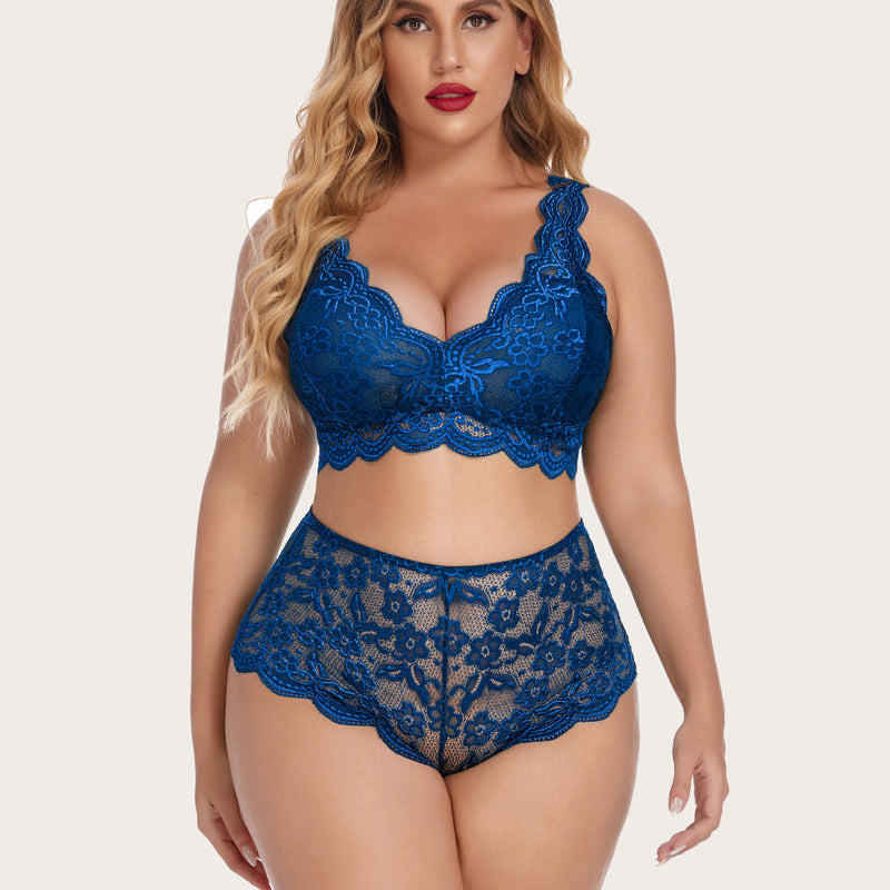 Plus Size Cobalt Blue Lace Halter Bralette and High Waist Panty Set