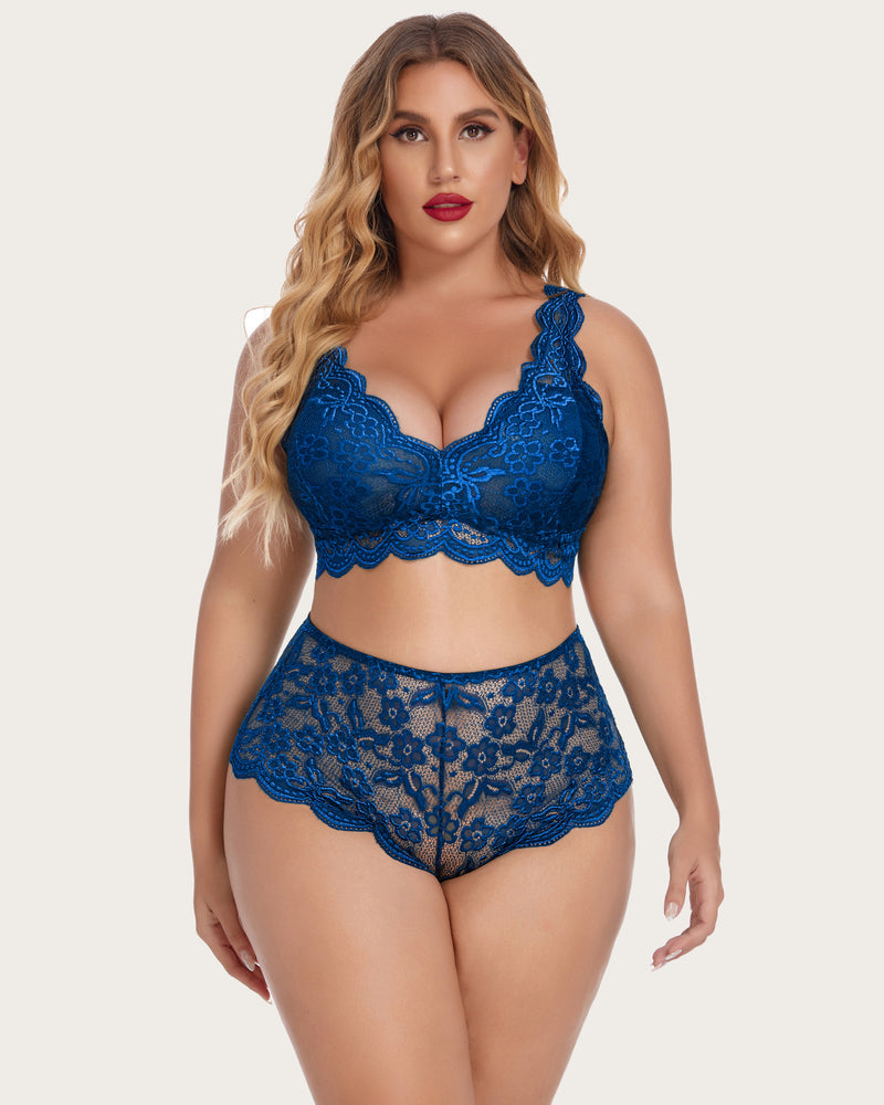 Plus Size Cobalt Blue Lace Halter Bralette and High Waist Panty Set