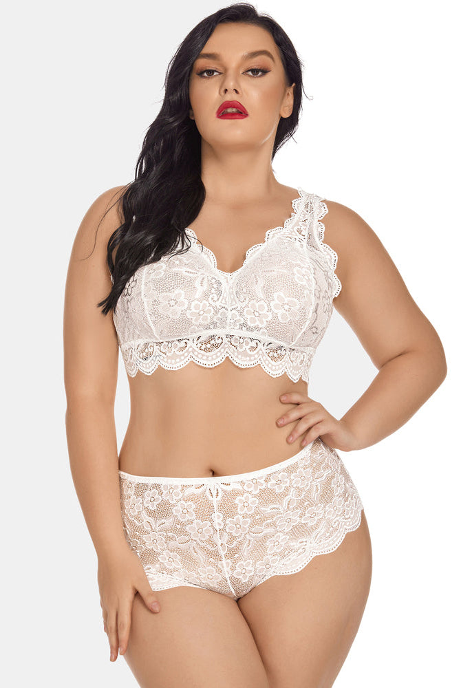 Plus Size White Lace Halter Lingerie Set. Floral lace bralette and high-waisted panty.