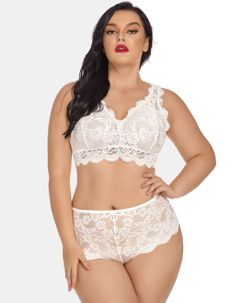 Plus Size White Lace Halter Lingerie Set. Floral lace bralette and high-waisted panty.