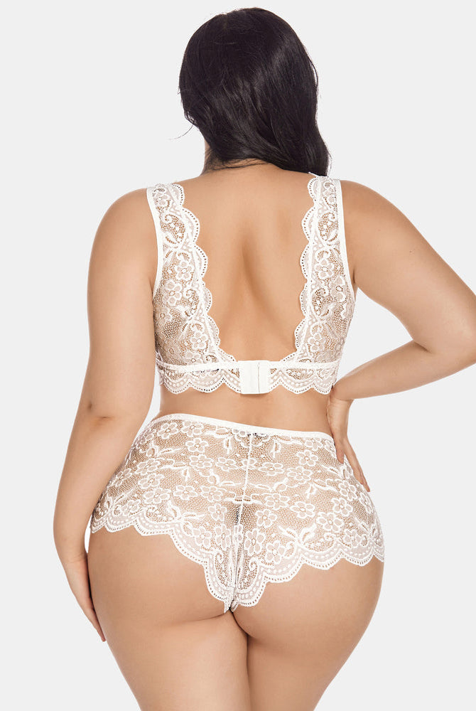 Plus Size White Lace Halter Bralette and High Waist Panty Set