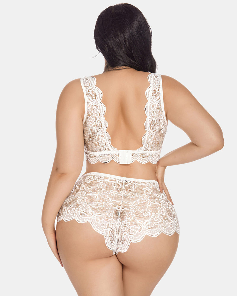 Plus Size White Lace Halter Bralette and High Waist Panty Set