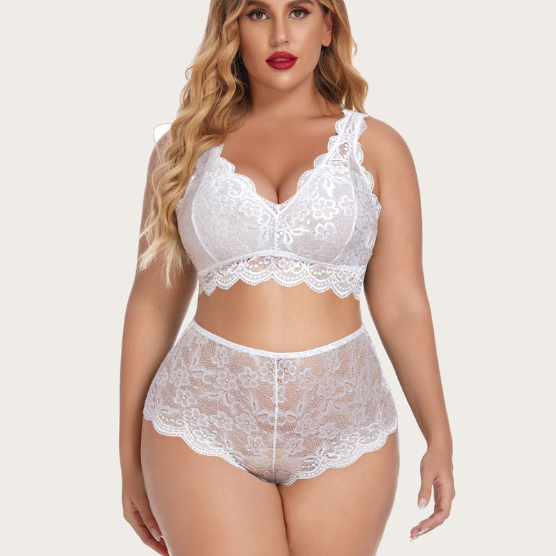 Plus Size White Lace Halter Bralette and High Waist Panty Set - Sexy Lingerie