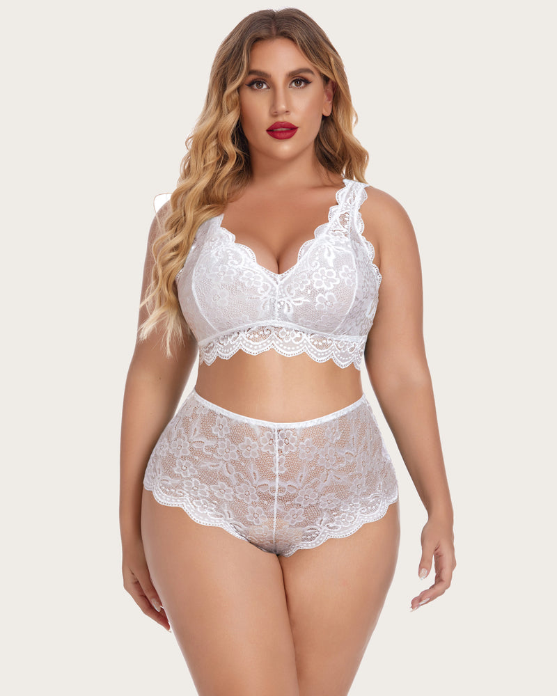 Plus Size White Lace Halter Bralette and High Waist Panty Set - Sexy Lingerie