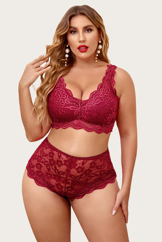 Plus size burgundy lace lingerie set: halter bralette, high waist panty. Floral lace detail.
