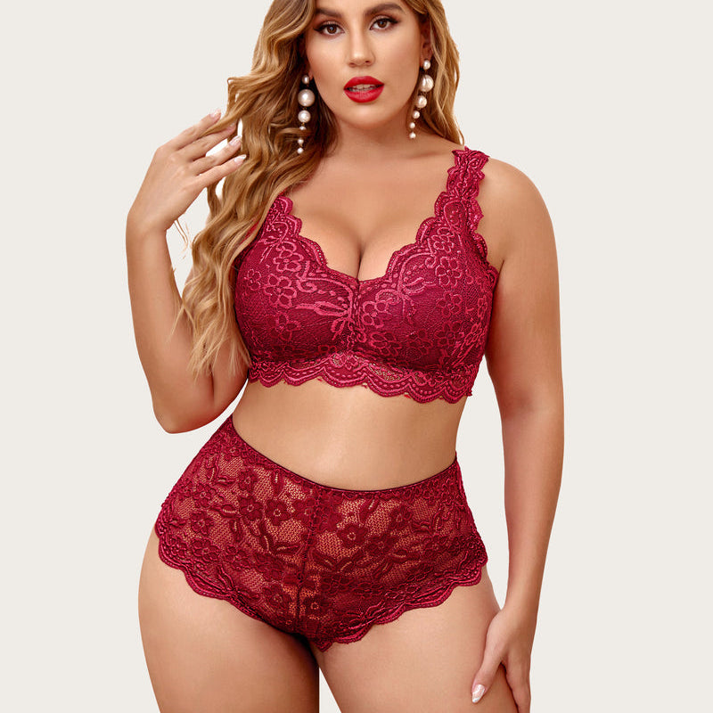 Plus size burgundy lace lingerie set: halter bralette, high waist panty. Floral lace detail.