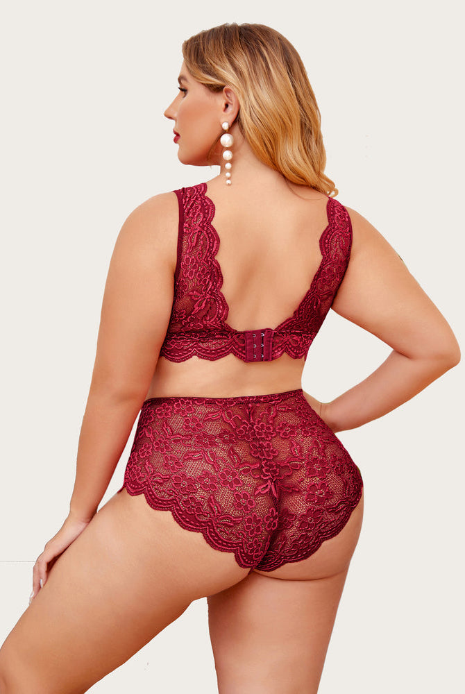 Plus Size Burgundy Lace Lingerie Set - Halter bralette, high-waisted panty with floral lace.