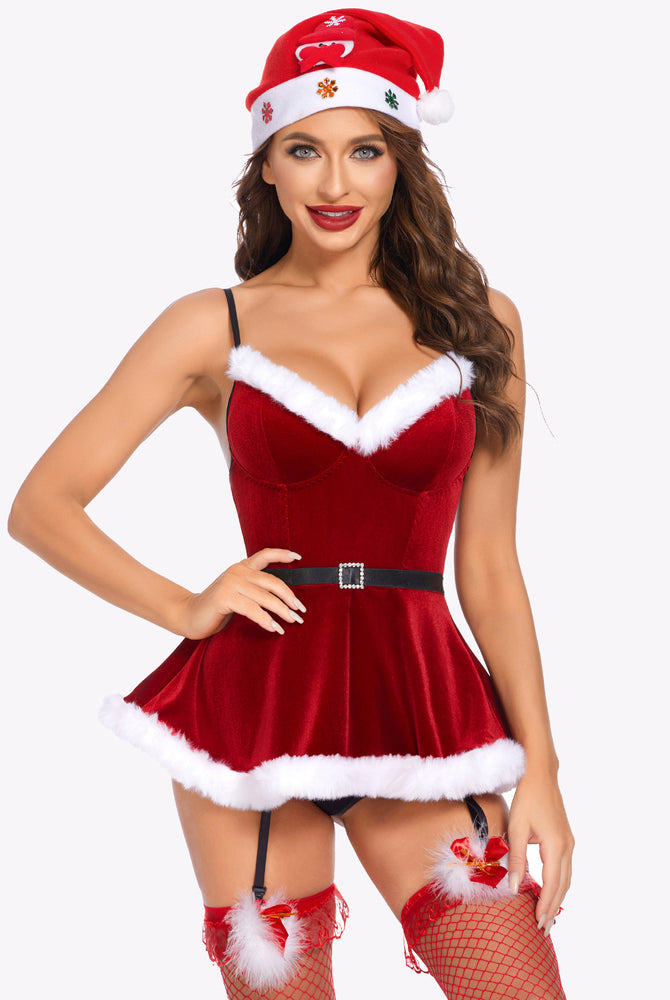 Red Santa velvet babydoll lingerie with fur trim, black belt, and garter straps