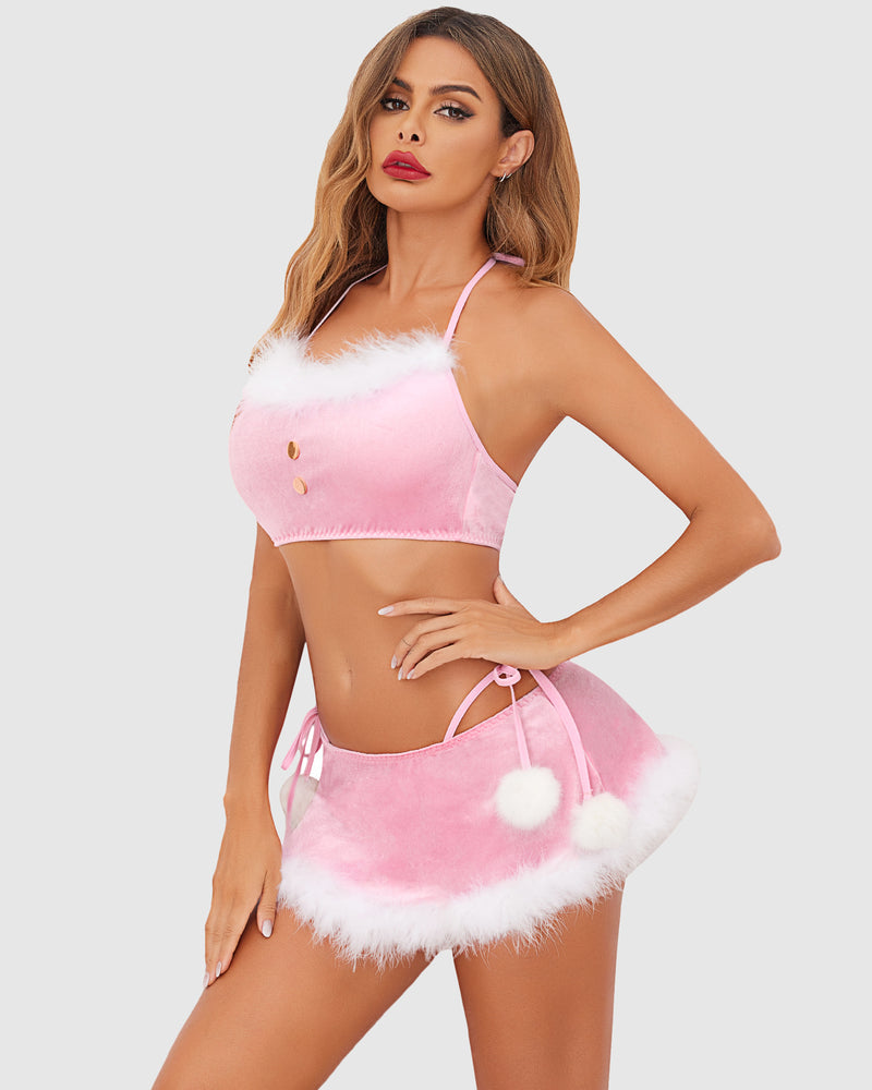 Pink Velvet Christmas Lingerie Set for Women with Halter Top and Mini Skirt