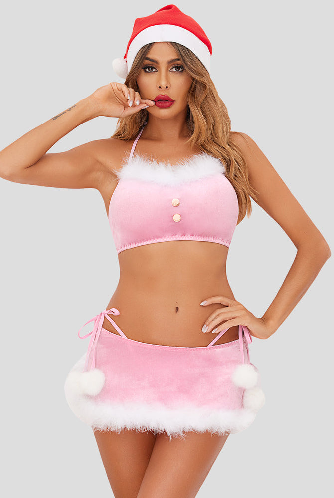 Velvet 3-piece lingerie set in pink with white faux-fur trim: bandeau bra, skirt, and panties.