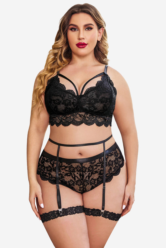 Plus Size Black Lace Lingerie Set, includes bralette, panties, garter belt. Floral Lace Trim.