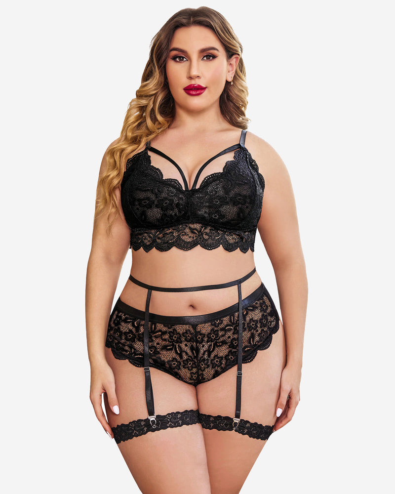 Plus Size Black Lace Lingerie Set, includes bralette, panties, garter belt. Floral Lace Trim.