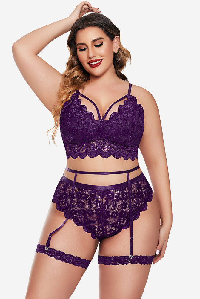 Plus Size Purple Lace Lingerie Set with Bralette, Panties, and Garter Belt