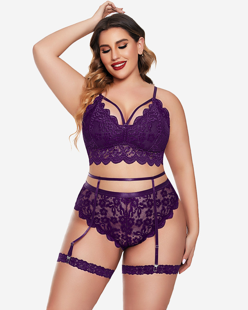 Plus Size Purple Lace Lingerie Set with Bralette, Panties, and Garter Belt