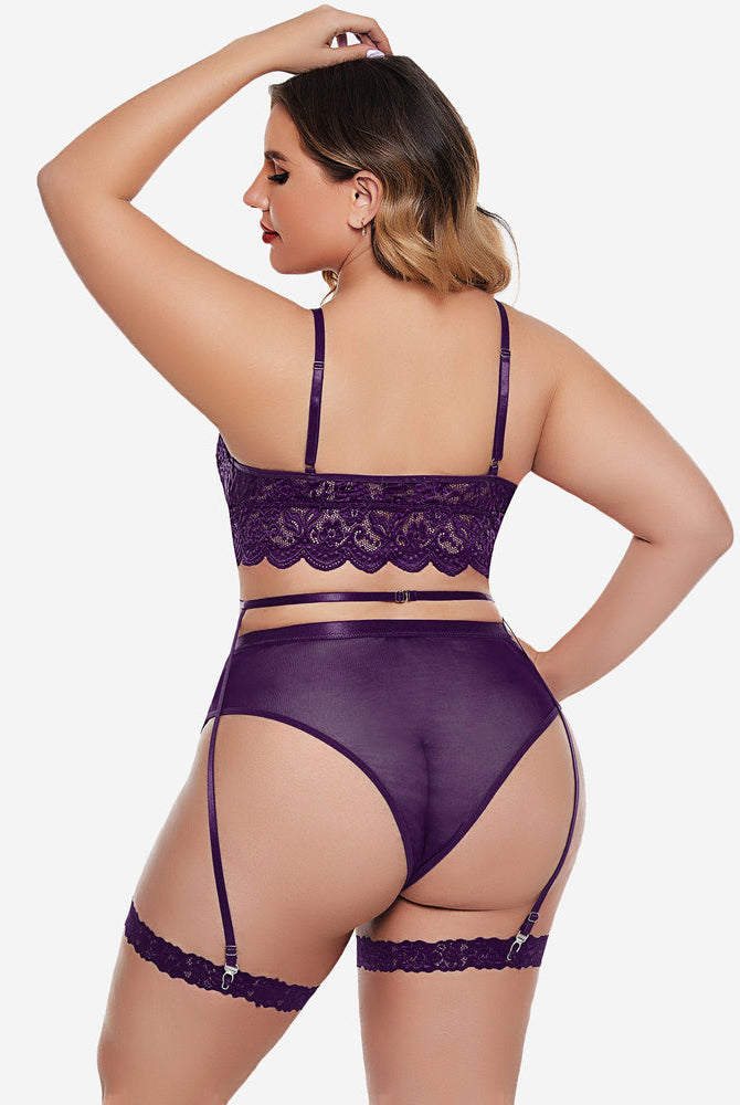 Plus size purple lace lingerie set: bralette, high-waisted panties, garter belt. Sexy floral design.