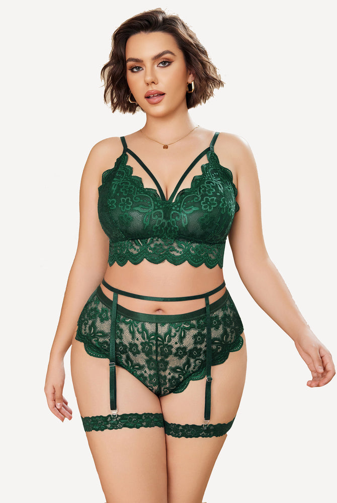 Plus size green lace lingerie set with bralette, panties, and garter belt; floral lace details.