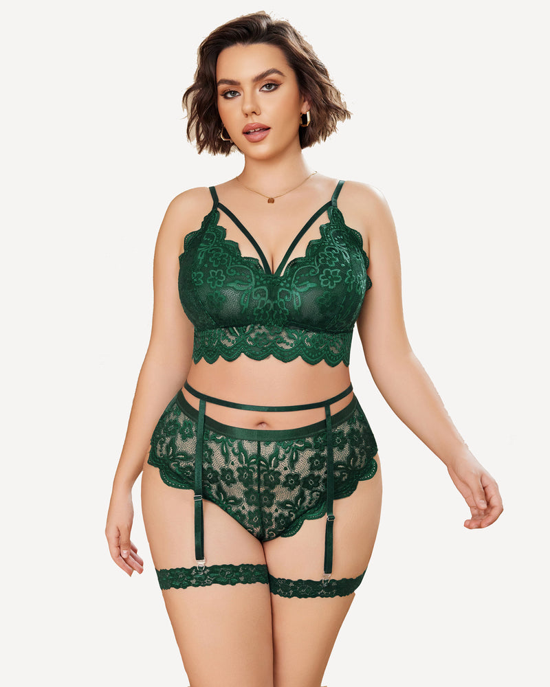 Plus size green lace lingerie set with bralette, panties, and garter belt; floral lace details.