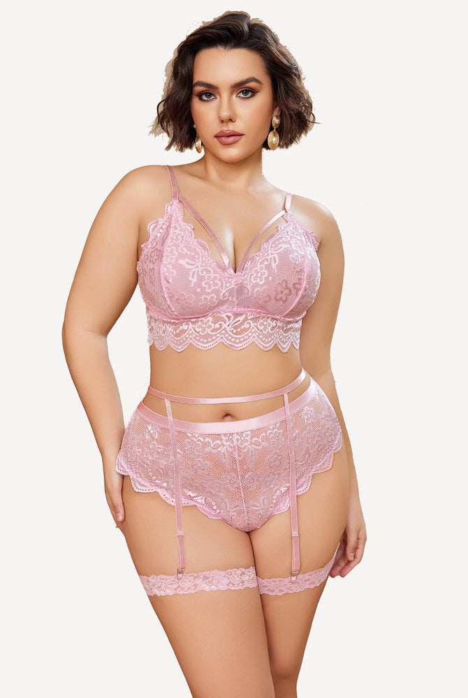 Plus size pink lace lingerie set, bralette, panties, garter. Floral lace, sexy Avidlove lingerie.