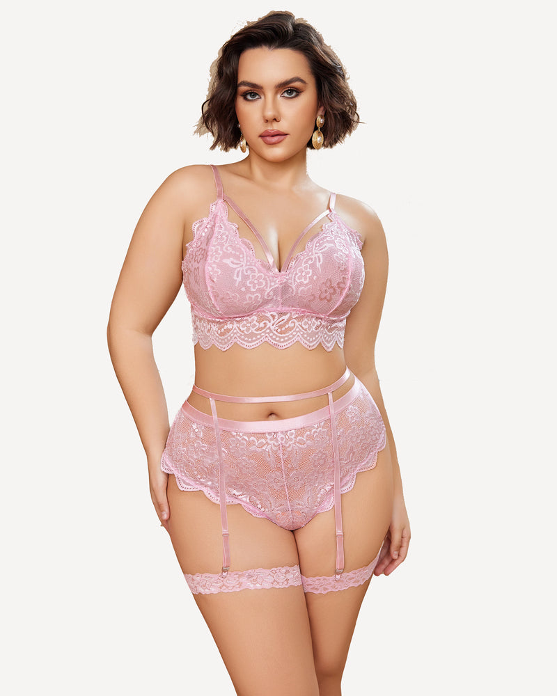 Plus size pink lace lingerie set, bralette, panties, garter. Floral lace, sexy Avidlove lingerie.