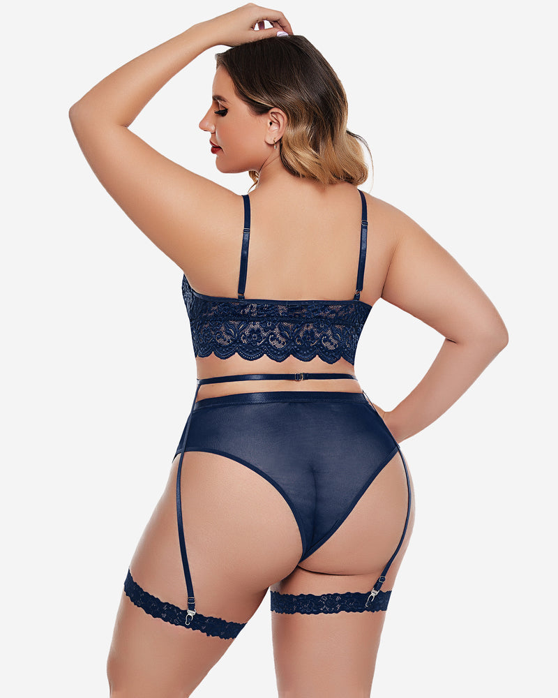 Plus size navy blue lace lingerie set: bralette, high-waisted panties, garter belt; floral lace.