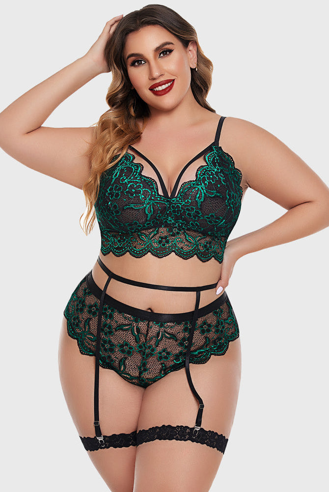 Plus size green floral lace lingerie set: bralette, high-waisted panties, garter belt