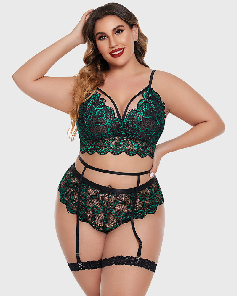Plus size green floral lace lingerie set: bralette, high-waisted panties, garter belt