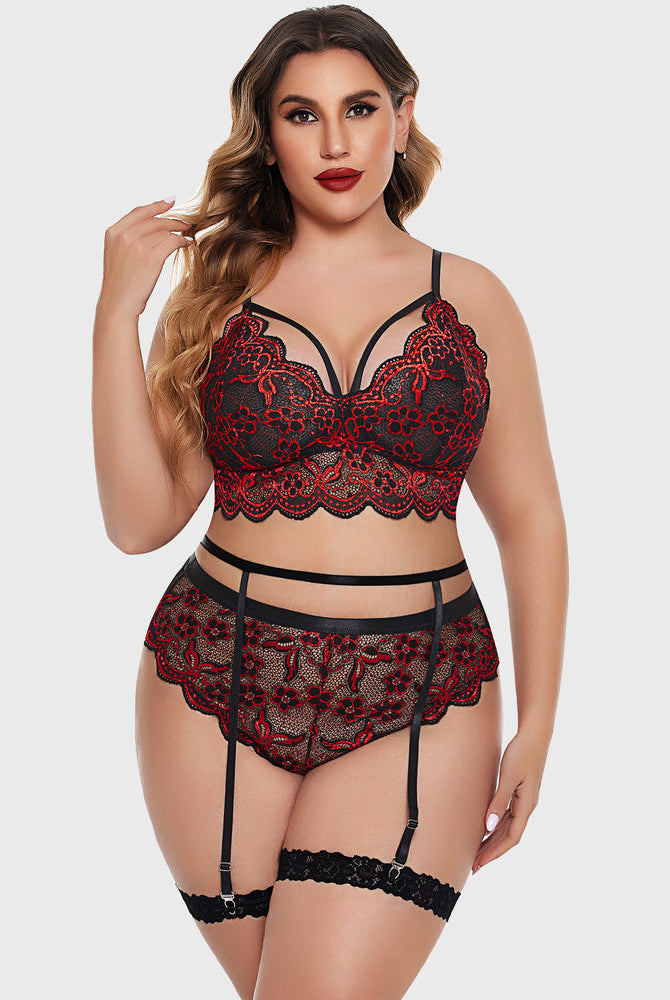Plus Size Red and Black Lace Lingerie Set, Includes Bra, Panties, Garter Belts