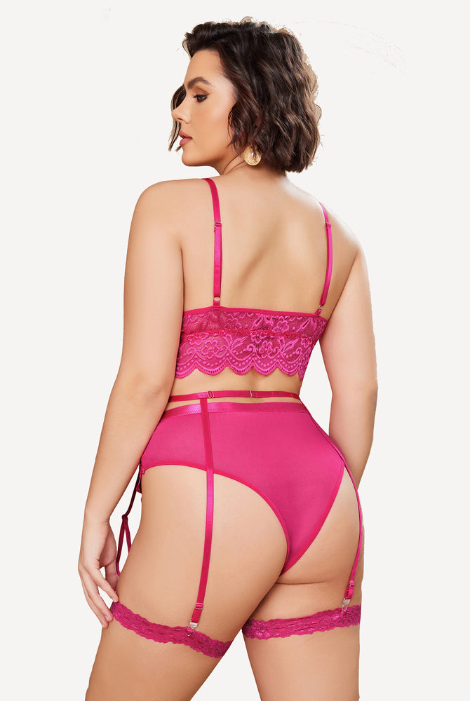 Plus size hot pink lace lingerie set from Avidlove with garter belt. Sexy lingerie