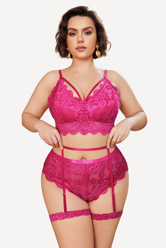 Plus size pink floral lace lingerie set: bralette, panties, garter belt. Sexy lingerie.