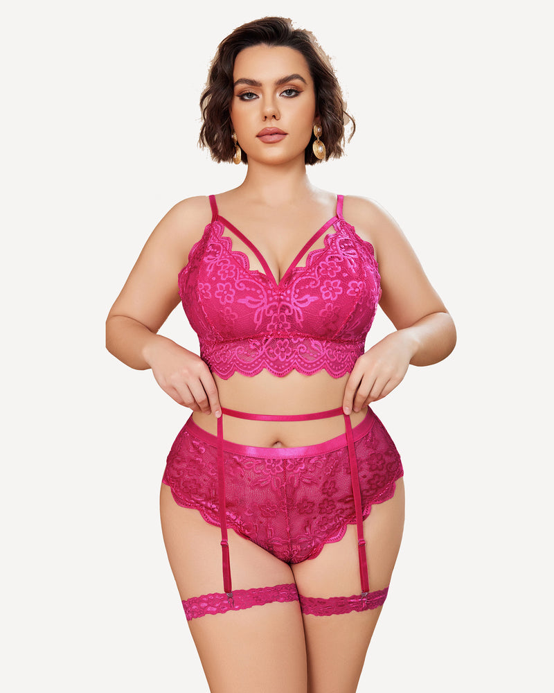 Plus size pink floral lace lingerie set: bralette, panties, garter belt. Sexy lingerie.