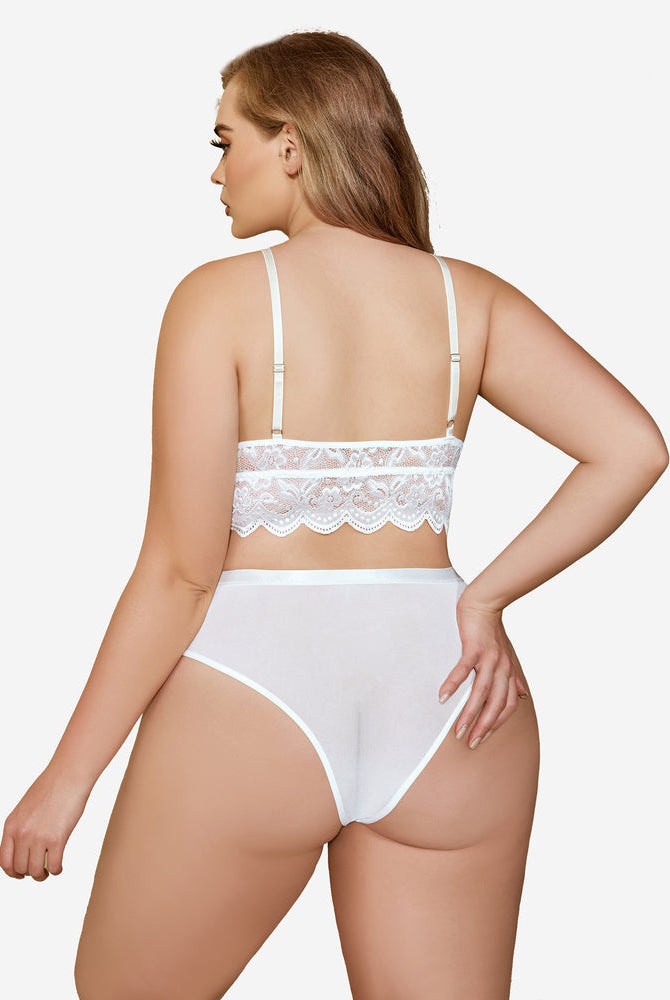 Plus size white lace bra and panties set, floral lace trim, soft fabric, sexy lingerie