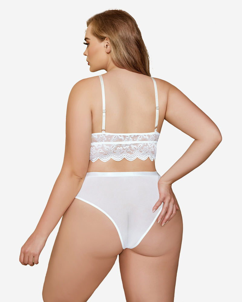 Plus size white lace bra and panties set, floral lace trim, soft fabric, sexy lingerie