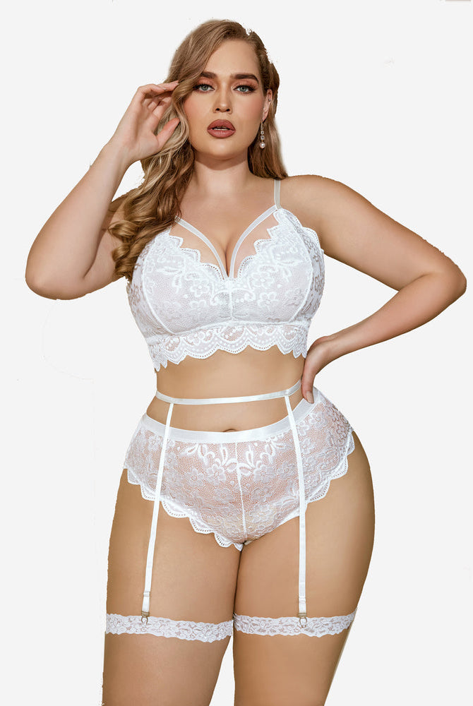 Plus size white lace lingerie set with bralette, panties, and garter belt, floral lace trim