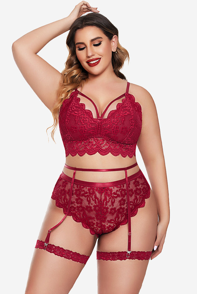 Plus size red lace lingerie set with a bralette, panties, and garter. Sexy floral design.