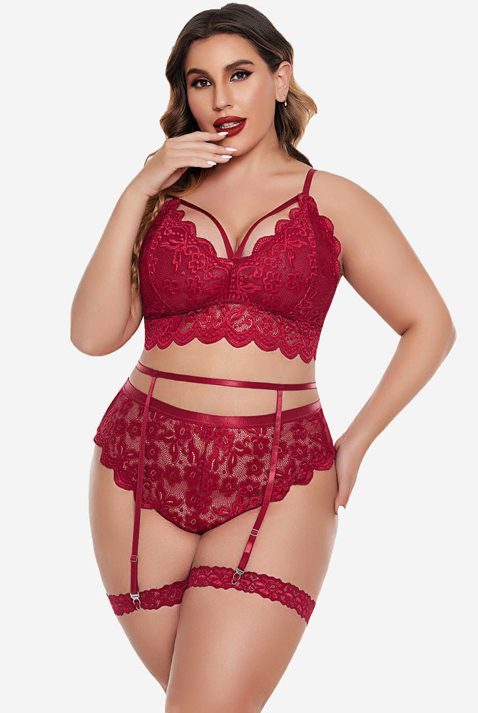 Plus size red lace lingerie set: bralette, high-waisted panties, garter belt. Sexy floral design.