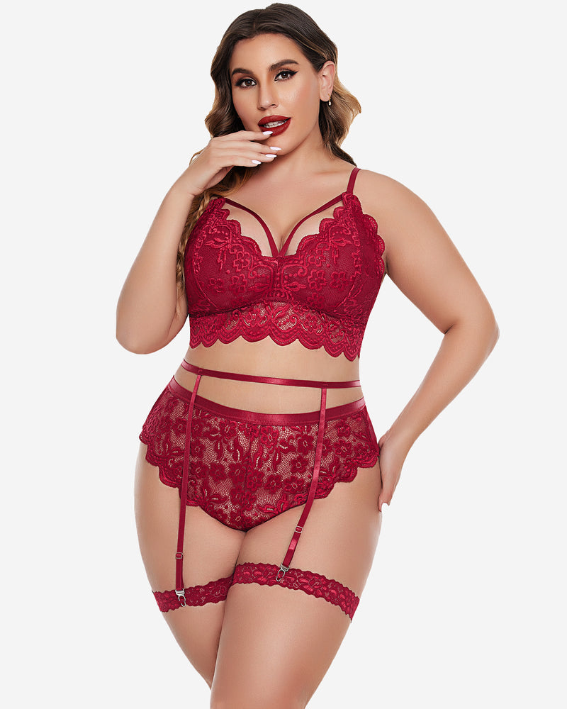 Plus size red lace lingerie set: bralette, high-waisted panties, garter belt. Sexy floral design.