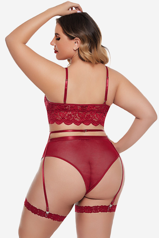 Plus size red lace lingerie set: bralette, high-waisted panties, garter belt; floral lace details