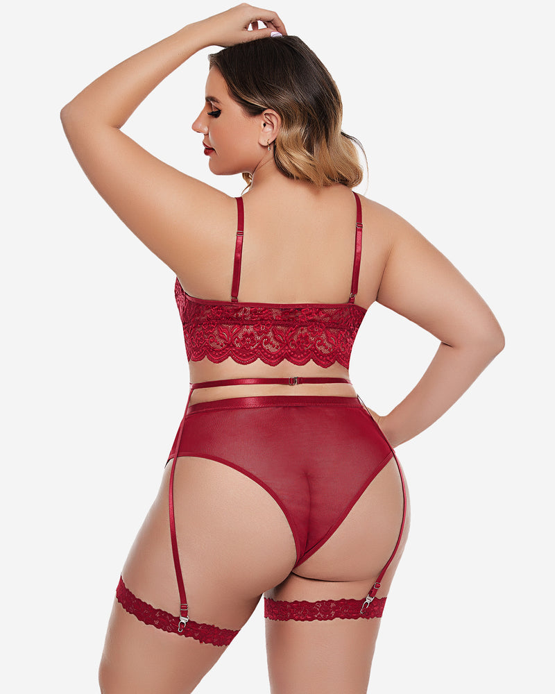 Plus size red lace lingerie set: bralette, high-waisted panties, garter belt; floral lace details