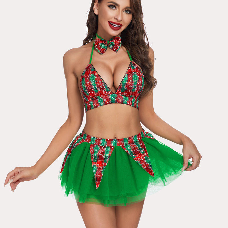 Christmas plaid lingerie set: bra, skirt, bow tie. Sexy holiday outfit.