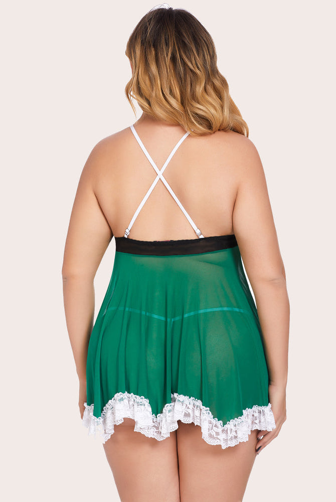 Plus size green Santa babydoll lingerie with white lace trim and adjustable straps