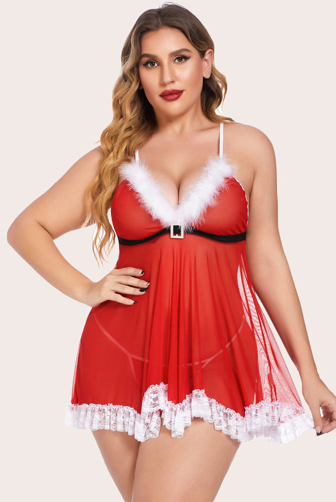 Red Santa babydoll lingerie, plus size, with white feather trim and lace. Sexy and comfortable.