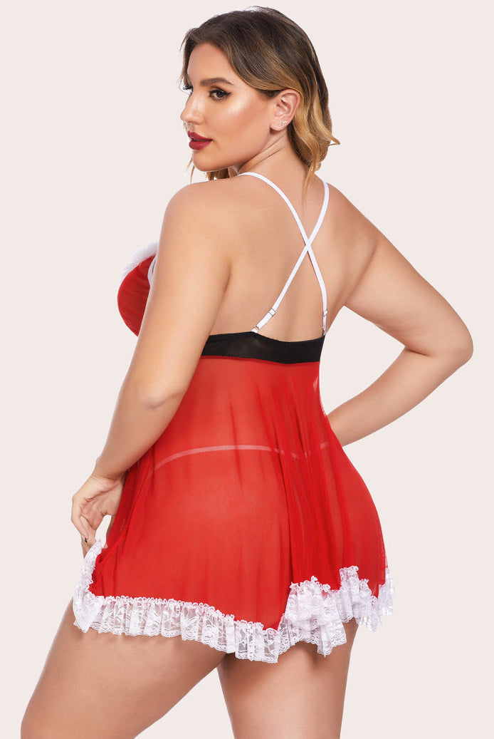 Plus Size Santa Babydoll Lingerie Set in Red with White Lace and Feather Trim - Sexy and Comfy