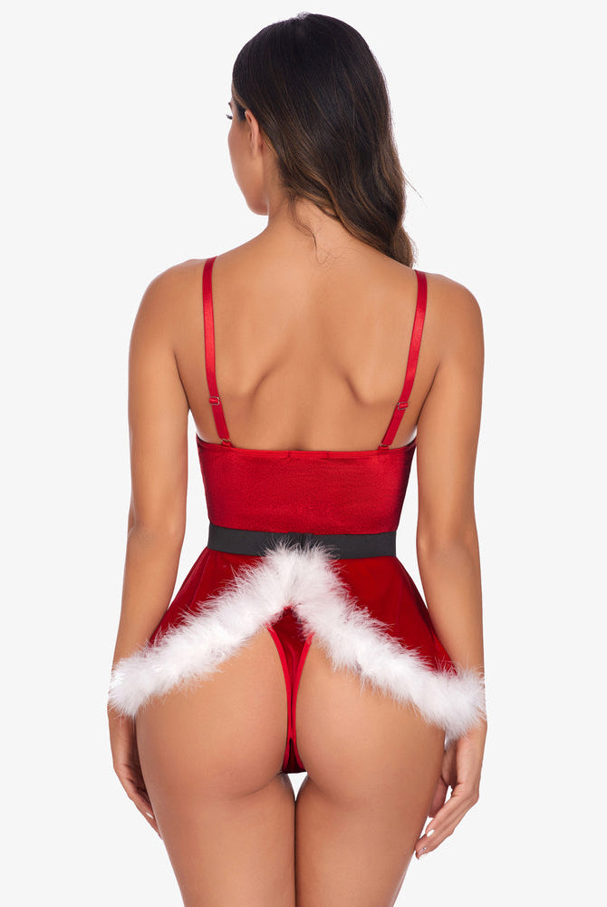 Sexy red velvet Santa lingerie with fur trim and adjustable straps for a Christmas look